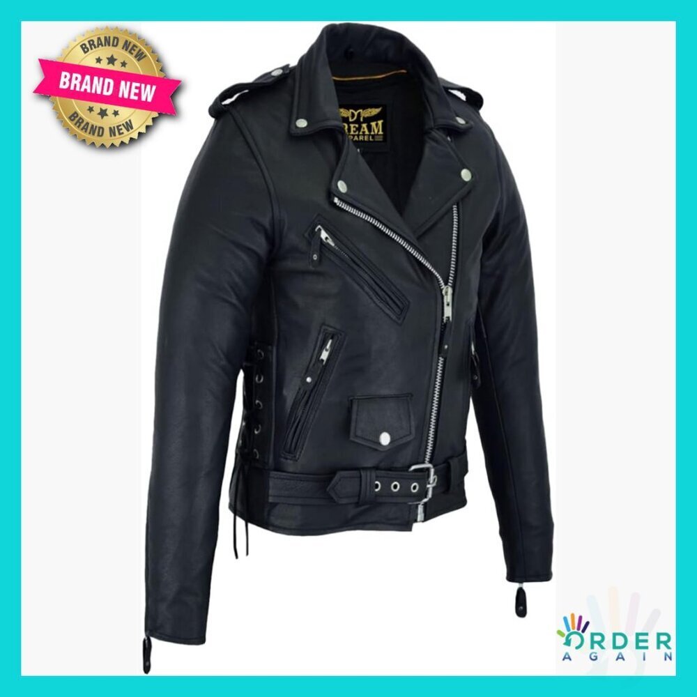 Classic Cowhide Leather Motorcycle Jacket Lace Sided Biker Coat Women